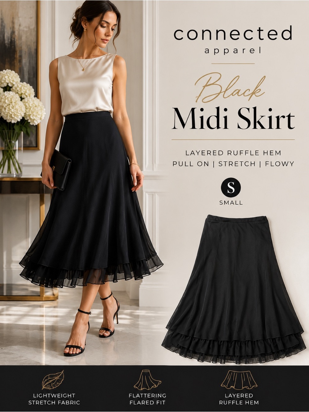 Connected Apparel Black Flowy Midi Skirt Women’s Small Layered Ruffle Hem